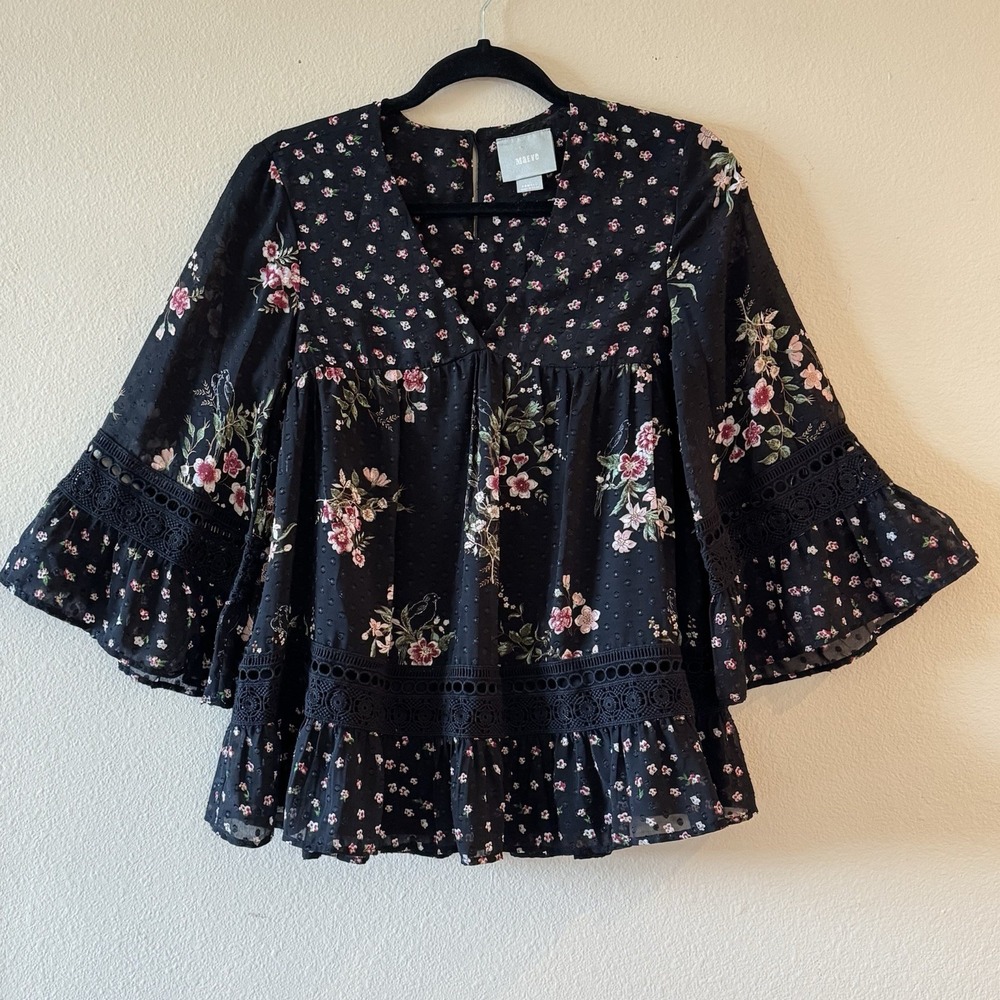 Anthropologie Maeve Steffy Floral Swiss Dot Blouse Bell Sleeve Boho XS